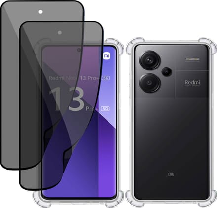 Hoesje + 2x Privé Screenprotector geschikt voor Xiaomi Redmi Note 13 Pro+ – Privacy Folie- Case Transparant