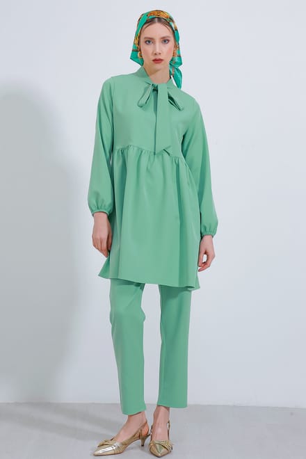 Lang Tuniek en Broek Twee-Delige Set met Hemd Kraag
