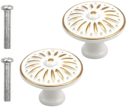 Furniture Knobs White with Gold 35MM - Set of 2 Vintage Knobs - Round Cabinet Knobs - Handles