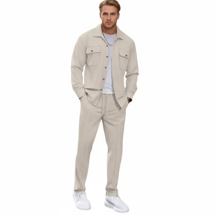 Lounge Kleding set Heren - Blouse Vest - Lange Broek - Wit - Beige