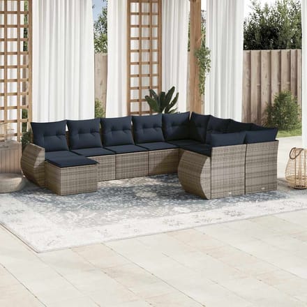 vidaXL - 10-delige - tuinbankset - met - kussens, - grijs - polyrotan