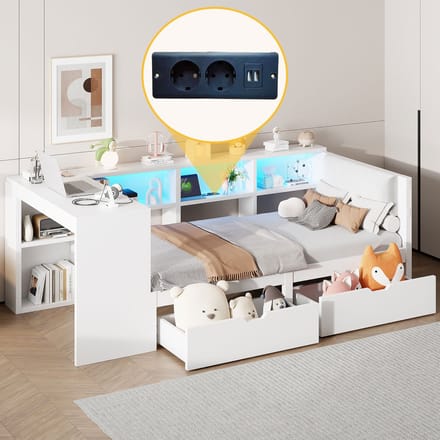 REDOM Bedframe 90x200 cm van MDF – Met linnen hoofdbord, LED, 2 lades, planken en USB/stopcontact – Wit