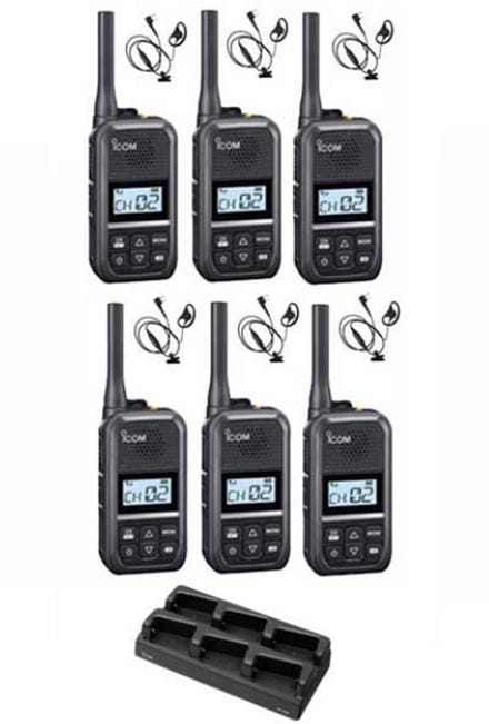 Set van 6 Icom IC-U20SR IP54 mini Portofoon met multilader en D-shape oortje
