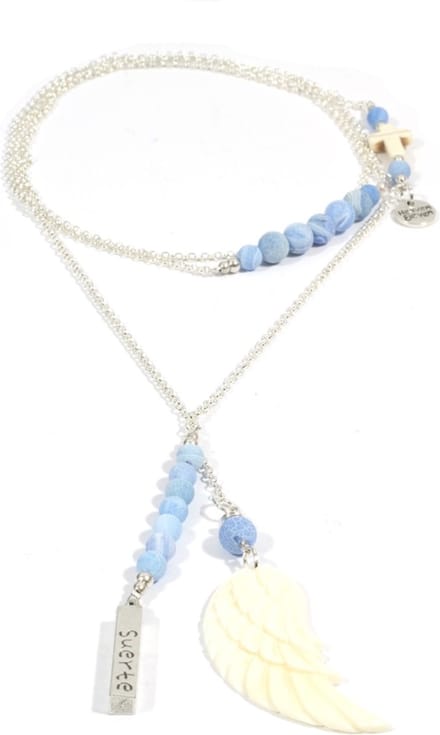 Heaven Eleven dames Ketting zilver plating - sky blauw kralen - wit hertegewei vleugel