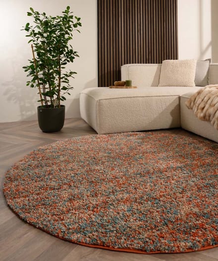 Rond hoogpolig vloerkleed - Blend oranje/blauw 80