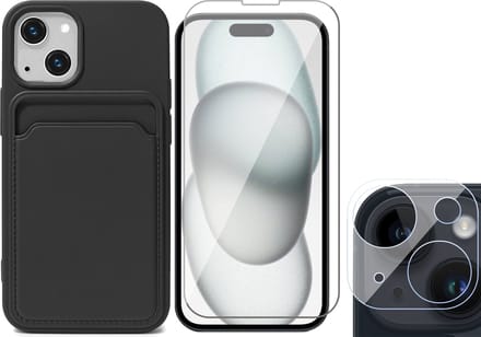 Hoesje Pasjeshouder geschikt voor iPhone 15 - Screenprotector GlassGuard + Camera Lens Screen Protector - Siliconen Case Back Cover Zwart