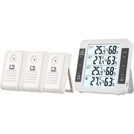 3-kanaals digitale binnen- en buitenthermohygrometer met afstandsbedieningssensor 328 ft/100 m achtergrondverlichting wit