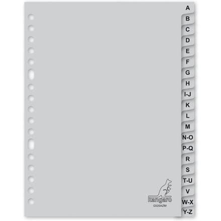Kangaro A5 Tabbladen met Letters, PP 120 Micron, Grijs, 17-gaats, 20-delig, A-Z