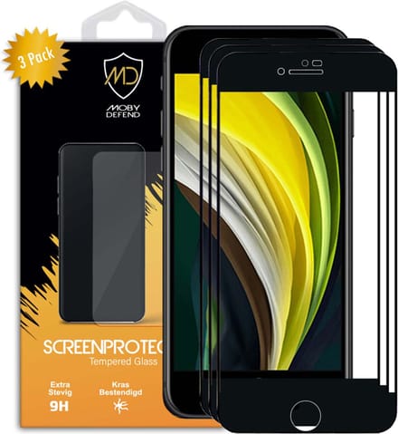 3-Pack MobyDefend Screenprotectors - Geschikt voor Apple iPhone SE (2020/2022) / iPhone 8 / iPhone 7 - Screensavers Met Zwarte Randen - Gehard Glas