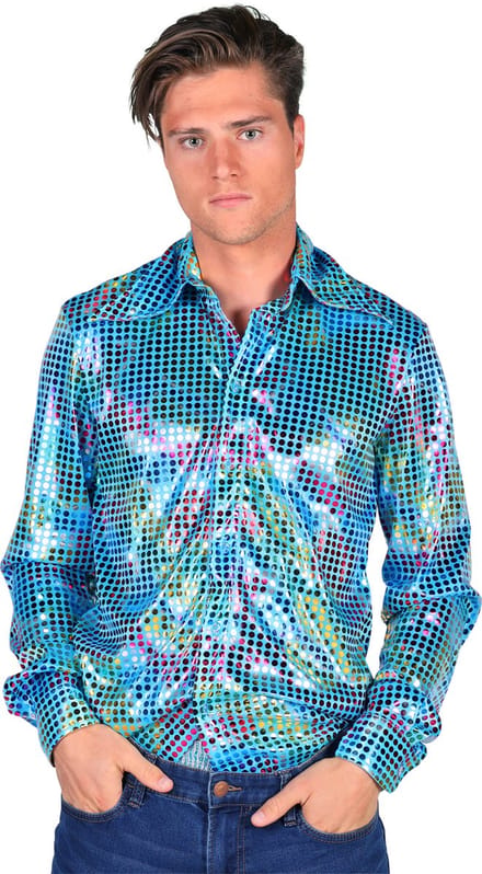 Overhemd Disco - Heren Blouse - Disco 80/90 - Hippie - Carnaval - Verkleedkleding - Turquoise - Maat XXL