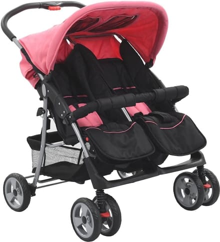 Tweelingbuggy Staal Roze Zwart - Comfortabele Kinderwagen voor Peuters