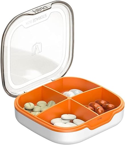 Compacte Pillendoos met 4 Compartimenten - Draagbare en Handige Oplossing voor Medicijnen - Wit en Oranje