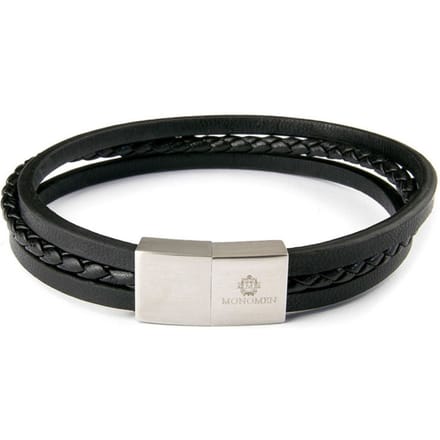 Monomen Men's Black Leather Triple Strap Silver Clasp Bracelet MM10792