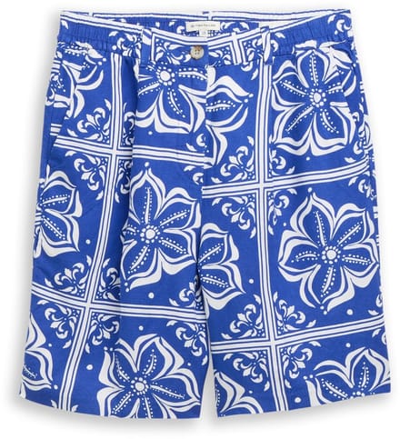 Tom Tailor - Bermudashort met losse pasvorm en linnen - Maat 38 - blue flower tile design