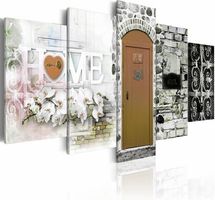 Schilderij - Huis van Liefde - Home , bruin , steen look , 5 luik