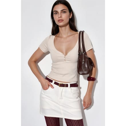 V-hals Korte Mouwen Gebreide Blouse met Knoopsluiting