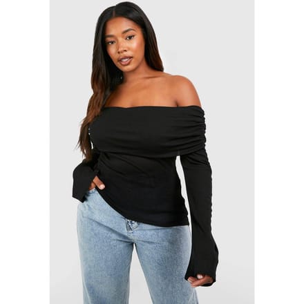 boohoo Dames Plus Bardot Ruched Flare Sleeve Top | Zwart | Maat: 52