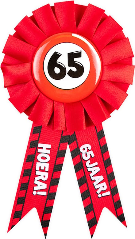 Paperdream 65 jaar rozet - leeftijd badge - 65e verjaardag - rood - feestartikelen