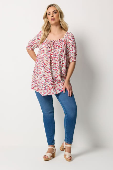 Yours Rode Blouse Met Abstracte Print En Striksluiting Size 42