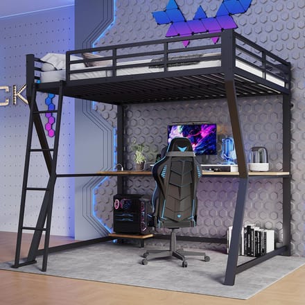 Pugsdrly Hoogslaper, 140*200 cm, met ledverlichting, computerconsole, bureau, stopcontact + USB, leuning, trap, zonder matras, zwart