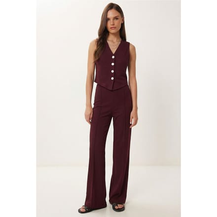 Hoogwaardige Taille V-hals Knopen-up Brede Pijpen Co-ord Set