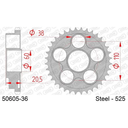 Stalen motortandwiel achteraan Afam 525 36 dents