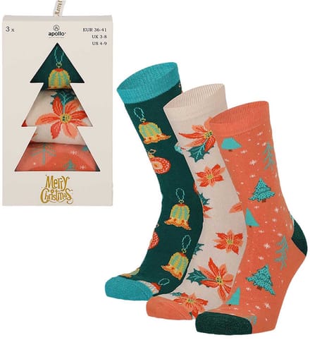 Apollo Dames Kerstsokken Giftbox 3-Pack Kerstversiering - Maat 36/41