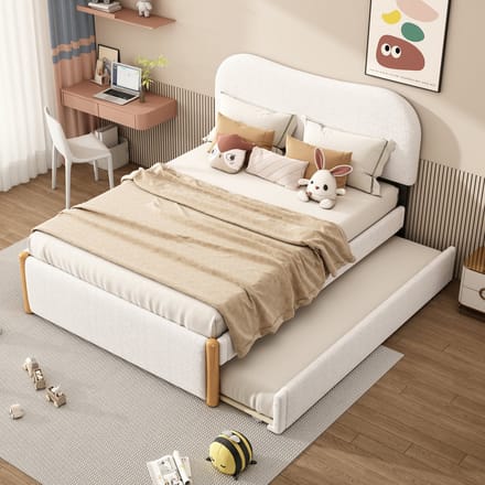 Tweepersoonsbed - 140x200 cm - Gestoffeerd met Uitschuifbed - Wit