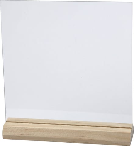 Glazen plaat met houten voet, afm 15,5x15,5 cm, dikte 28 mm, 10 set