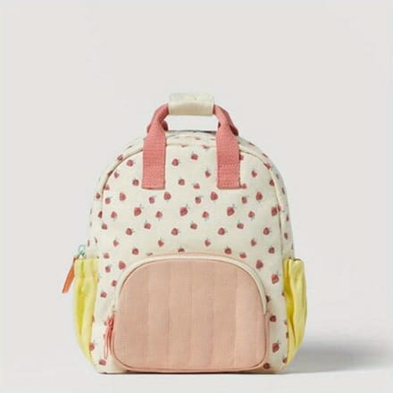 Rugzak met Aardbeienprint, Geborduurde Canvas Tas Kinder Tas beige