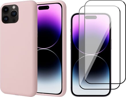 Hoesje geschikt voor iPhone 14 Pro - 2x Screen Protector FullGuard - Back Cover Case SoftTouch Roze & Screenprotector