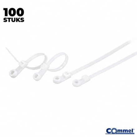 100x Commel Kabelbinders met Bevestigingsoog - ⌀4.5 mm - 100 x 3.6 mm - Wit - Nylon - Treksterkte 18kg