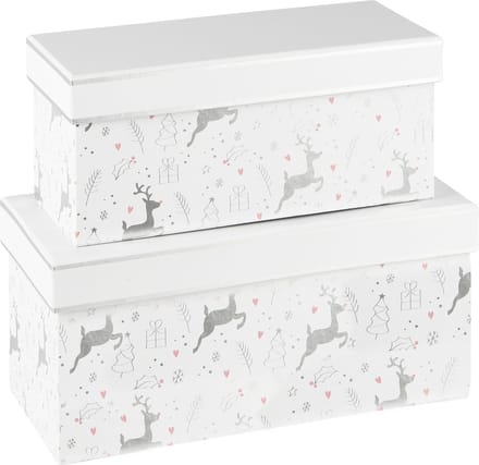 Dekoratief | Set 2 dozen rechthoek 'Dancing Reindeer', wit/zilver, 24x12x12cm | A235599