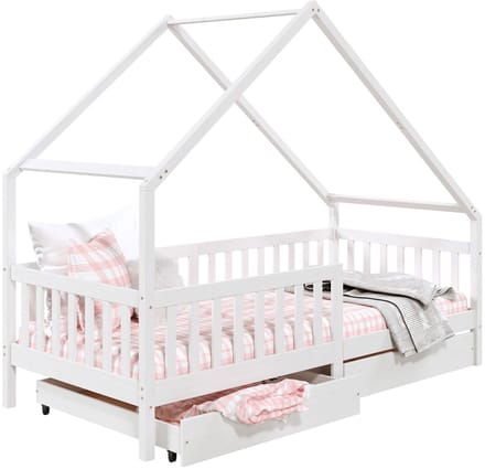 ALVA-bed in huisvorm, 90 x 200 cm, van massief grenenhout met lades - wit
