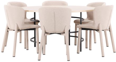 Copenhagen eethoek tafel Ø140cm en 6 stoelen whitewash, beige.