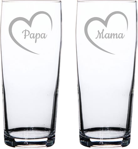 Gegraveerde bierfluitje 19cl Mama met hartje & Papa met hartje