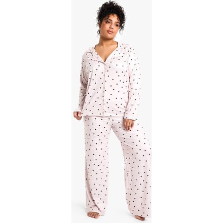 boohoo Dames Plus Pyjama Set met Hartenprint, Lange Mouwen & Broek | Rose | Maat: 16