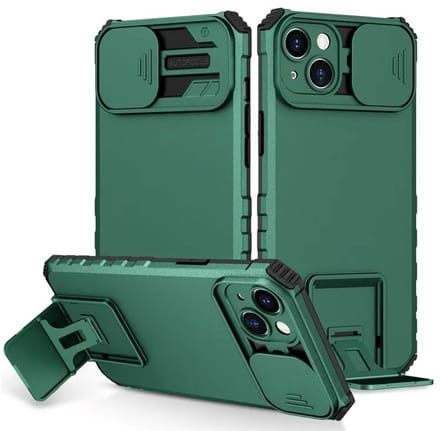 Cityhoesje - iPhone 15 Plus-14 Plus- Slide Camera Lid – BackCover - Anti-drop Kickstand - Groen