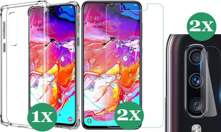Hoesje geschikt voor Samsung Galaxy A70 - 2x Screenprotector Glas & 2x Camera Screen Protector - Transparant Shock Case