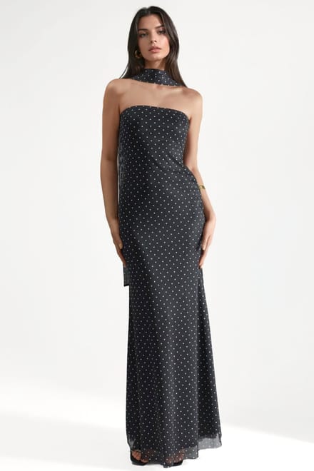 Polkadot Strapless Maxi Jurk met Sjaal Detail