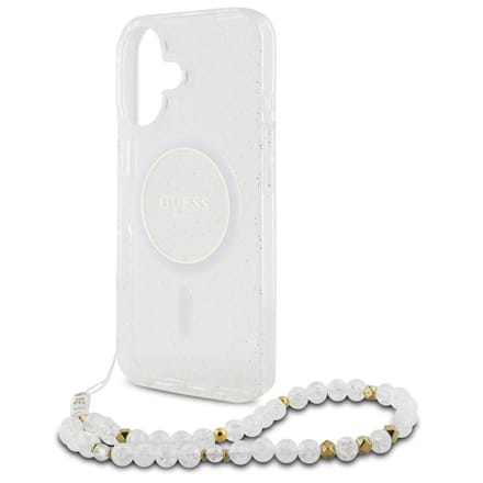 Guess MagSafe IML Glitter Case met beads strap voor de Apple iPhone 16 - Transparent