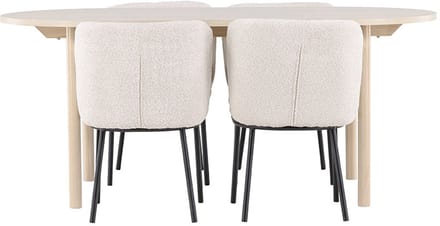 Andy eethoek tafel 90x180cm en 4 bouclé stoelen whitewash.