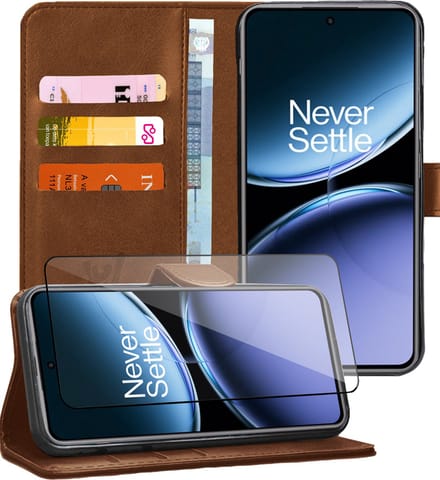 Hoesje geschikt voor OnePlus Nord 4 - Screenprotector Glas - Portemonnee Book Case Bruin