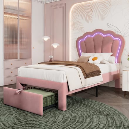 REDOM Kinderbed – 90x190 cm – Met RGB-LED & opberglade – Velvet – Roze