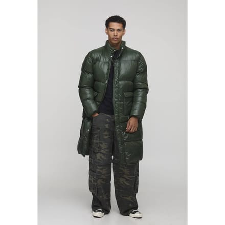 Regular Fit High Shine Longline Puffer Jacket | Khaki | Size Medium
