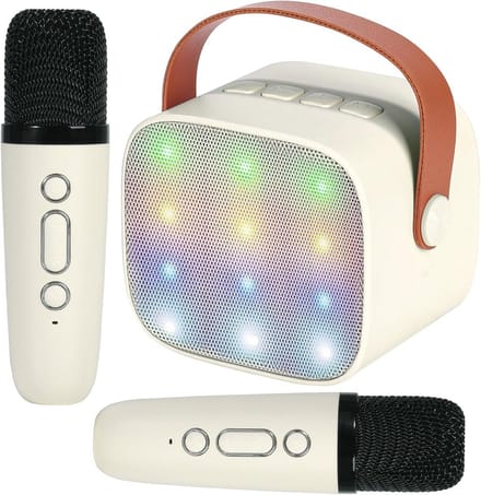 Mini Karaoke Machine Draagbaar Bluetooth Luidspreker Set met 2 Draadloze Microfoons en LED Lampjes voor Kinderen en Volwassenen