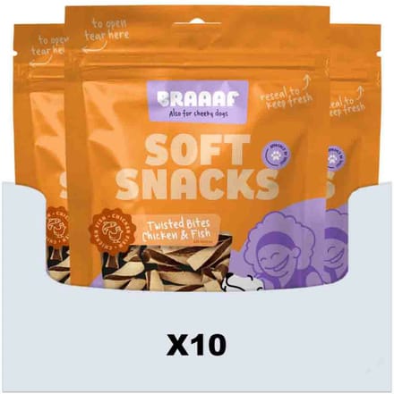 Braaaf Hondensnack Twisted Bites Kip - Vis - 10 x 85 gr - Voordeelverpakking
