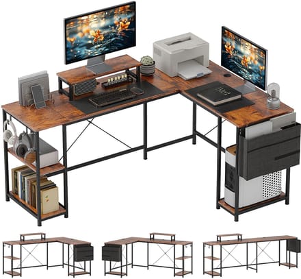 Omkeerbaar hoekbureau, 168-240 cm, computerbureau met verstelbare plank, beeldschermhouder, rustiek bruin