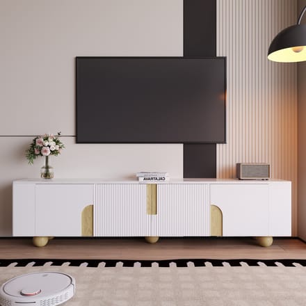 TV-Meubel - 180 cm - 4 Deuren met Marmerlook Blad - Houten Poten - Wit