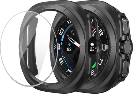 Hoesje +Screenprotector Samsung Galaxy Watch Ultra – Tempered Glass - Extreme Shock Case Zwart